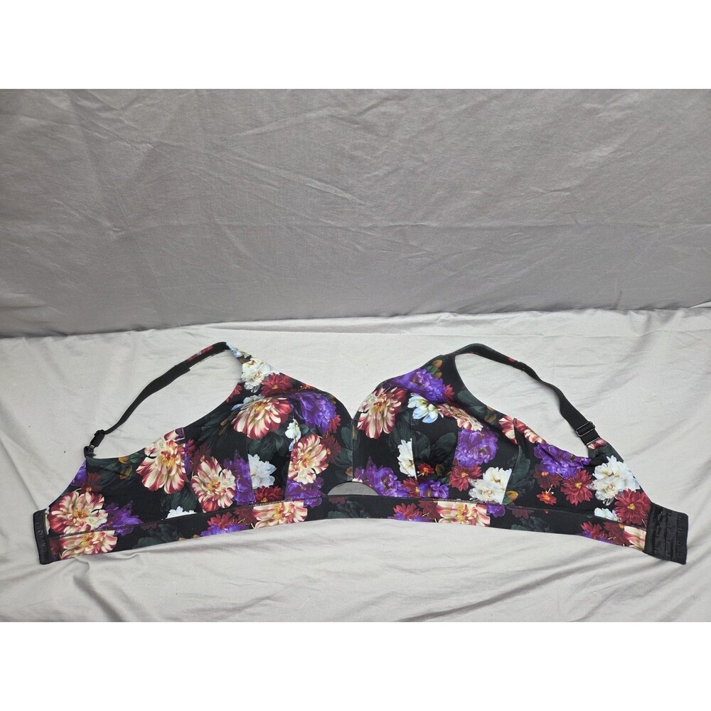 Cacique 42F Lightly Lined No Wire Bra Black Purple Floral